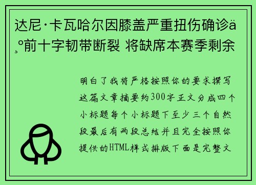 达尼·卡瓦哈尔因膝盖严重扭伤确诊为前十字韧带断裂 将缺席本赛季剩余所有比赛